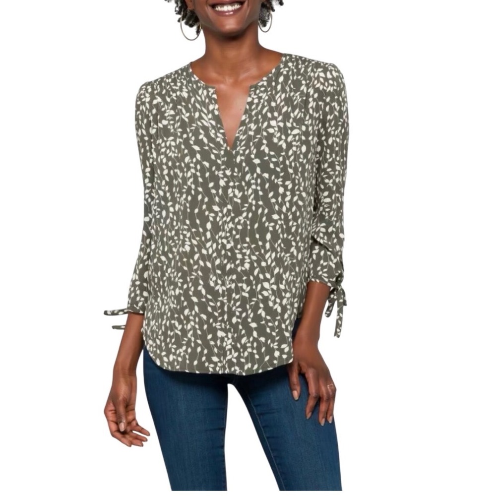 Monday Fun Blouse Womens Large Green Excellent Leaf Print Tie Cuff Split Neck